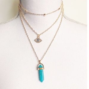 EVIL EYE BLUE TURQUOISE STONE 3 TIERED NECKLACE